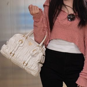 Prada Taupe Gaufre Pleated Two-Way Satchel Tote Bag